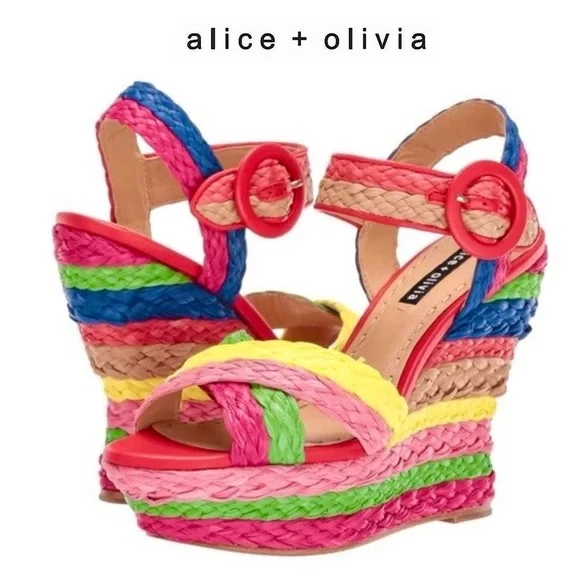 Alice + Olivia Josiey Rainbow Raffia Wedge Sandals Size 8 Colorful Platform Shoe - Picture 2 of 16